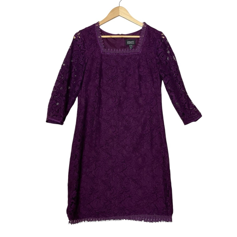 ADRIANNA PAPELL sz 10 Altered  Lace Long Sleeve Dress Lined Back Zip Square Neck